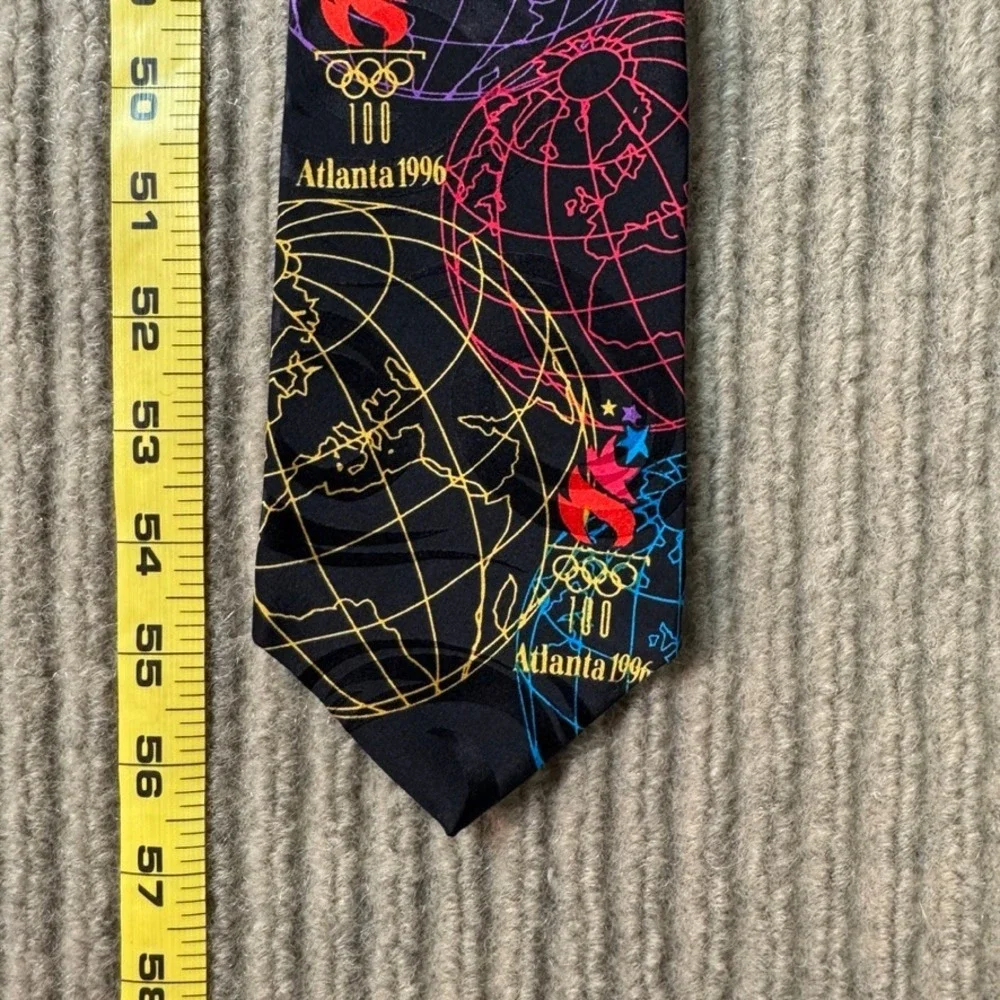 Vintage 1996 Atlanta Olympics Silk Tie RM Sport Black Globe Torch Logo USA Made